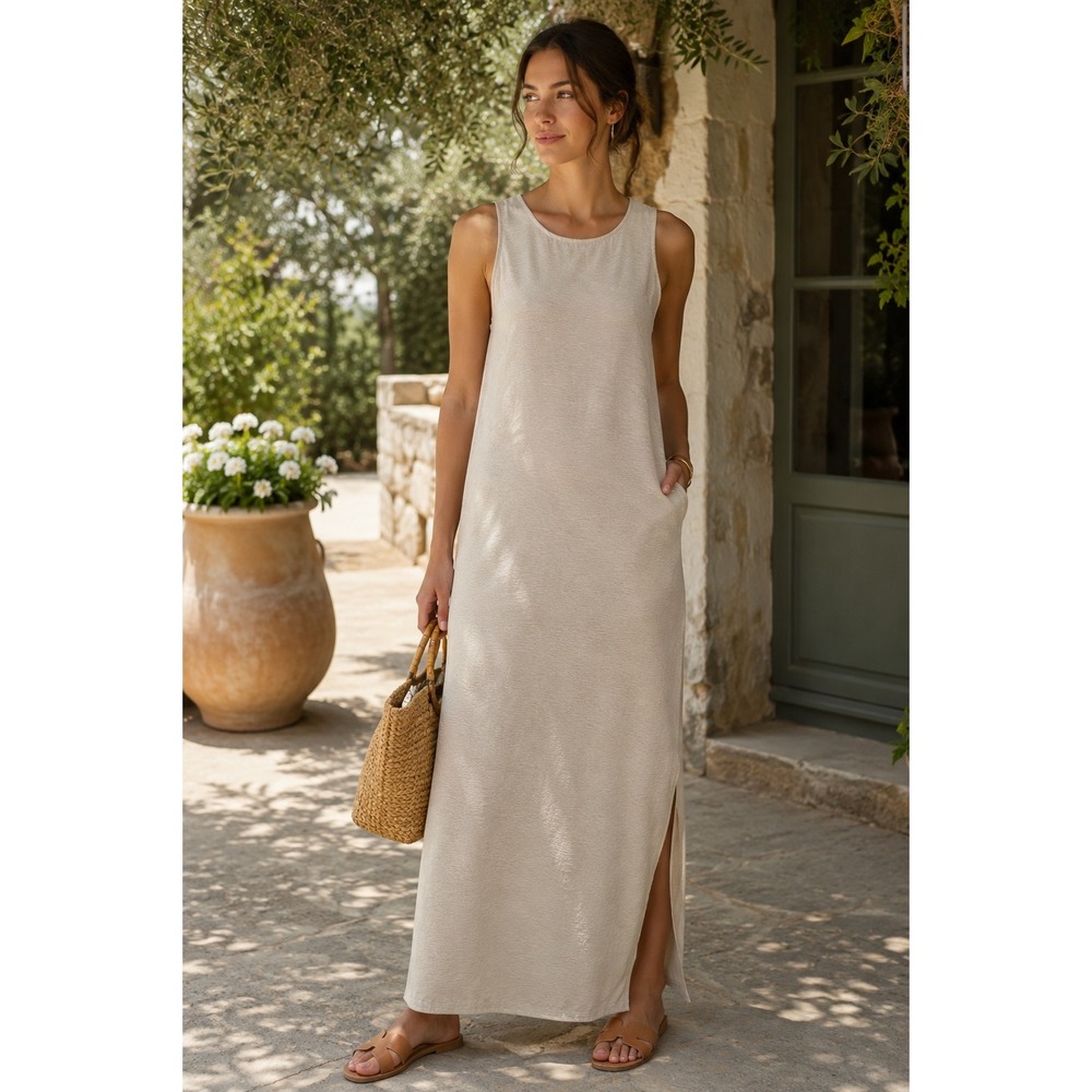 Linden Hill Silk Sleeveless Maxi Dress Beige Textured Tie Back Slub M NWOT
